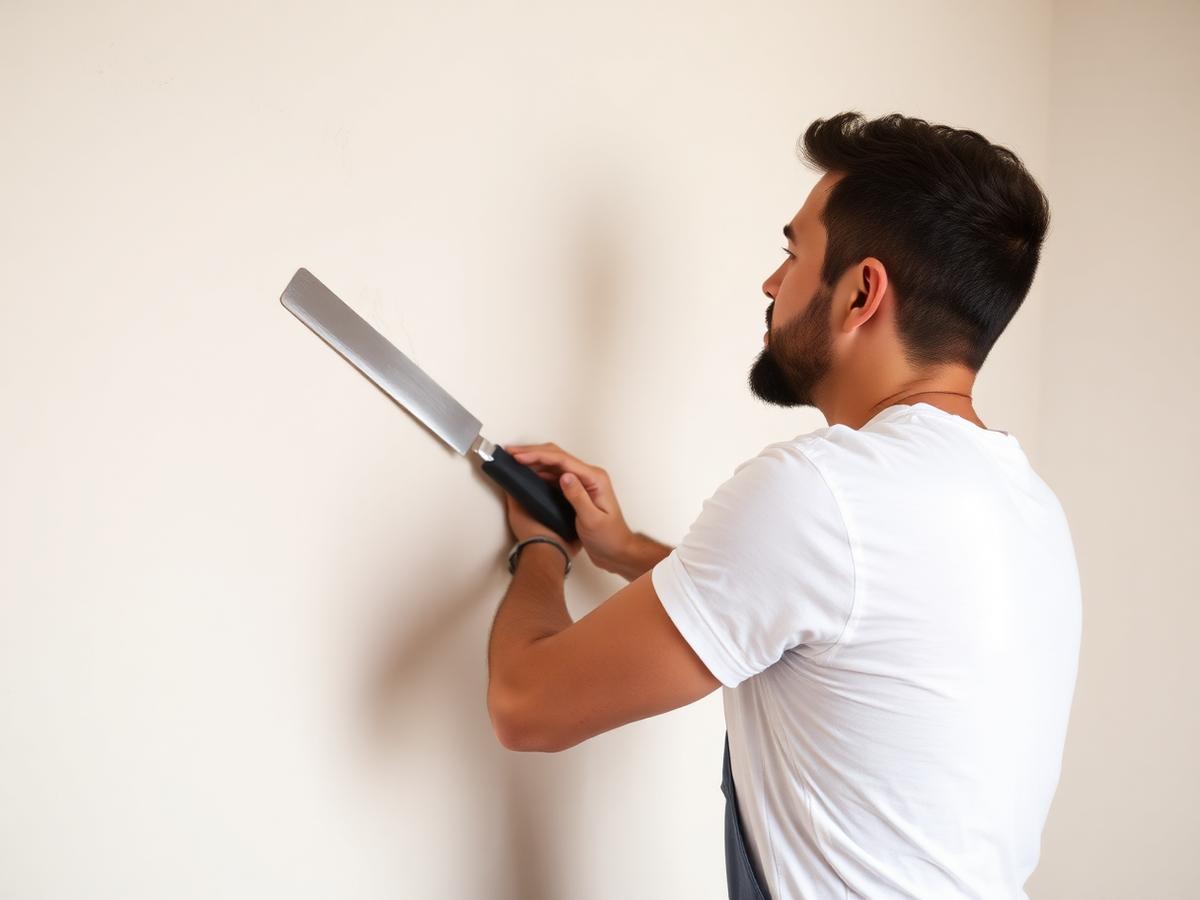 Stukadoor van Trad aan het werk op een wand